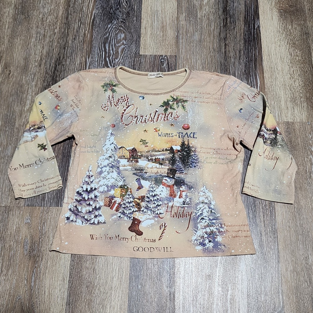 Studio Gem Q Size Large Embellished Ribbed Knit Tee Top Holiday Christmas Winter
